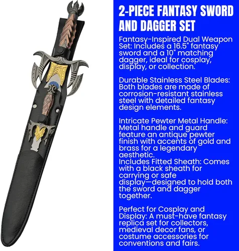 Vista 2 de SZCO Juego de 2 piezas de espada y daga de fantasía, espada de acero inoxidable de 16.5 pulgadas y daga de 10 pulgadas con funda, mango de metal