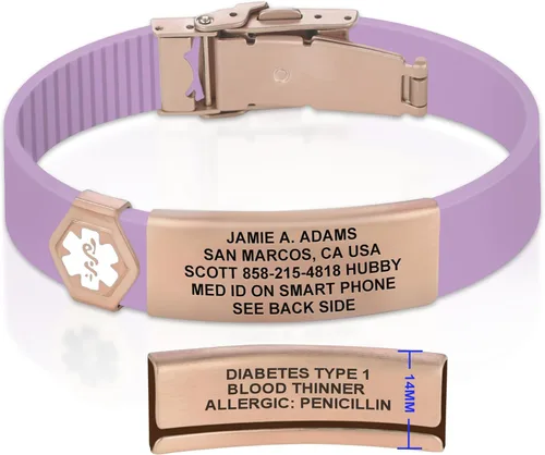 Vista 115 de Divoti Pulsera de identificación de alerta médica grabada personalizada, grabado láser de doble cara (hasta 9 líneas), pulsera de silicona ajustable
