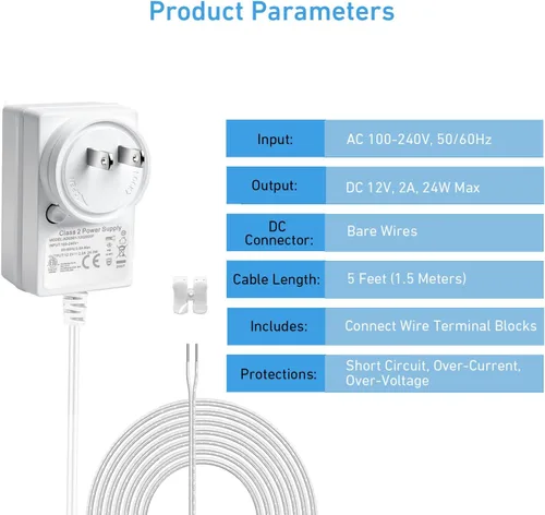 Vista 2 de Adaptador de fuente de alimentación de 12 V, 2 A, convertidor de 24 W CA/CC de 100 V-240 V a 12 voltios y extremos de cable desnudo + terminales