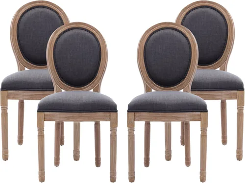 Vista 22 de Nrizc - Juego de 4 sillas de comedor de estilo francés rústico, sillas de tela de granja con respaldo redondo, silla de comedor de ratán, sillas