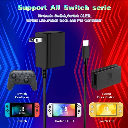 Vista 4 de Cargador USB-C de 39 W compatible con Nintendo Switch, OLED, Lite, Dock, Switch 2 y Pro Controller 15V2.6A compatible con modo TV