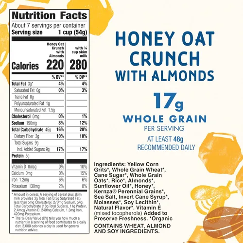 Vista 2 de Cascadian Farm Honey Oat Crunch con Almendras, Cereal Orgánico, Hecho con Grano Entero, 14.4 oz