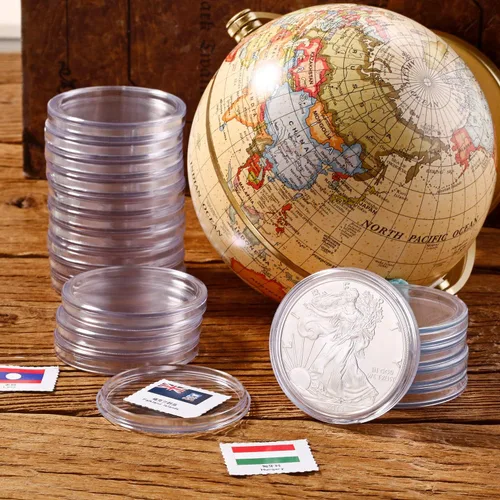 Vista 4 de 60 piezas de plata para coleccionistas de 1.598 in de plástico redondo plata monedas cápsulas cubiertas caja de almacenamiento para suministros