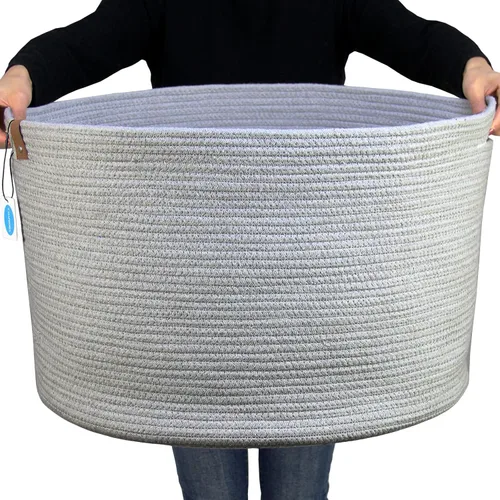 Vista 10 de Casaphoria Cesta de cuerda de algodón XXXL para sala de estar, cesta de almacenamiento tejida con asa para mantas, toallas y almohadas, cesta