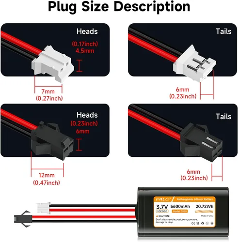 Vista 2 de Batería de iones de litio de 5600mAh 3.7v con JST-PH 2.0 2-Pin Plug Batería recargable Batería de litio 3.7 voltios para juguetes RC, iluminación