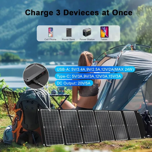 Vista 3 de Panel solar portátil de 100 vatios, panel solar plegable con patas de apoyo, QC3.0 USB-A USB-C y salida DC para teléfono/estación de energía, IP65
