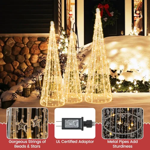 Vista 6 de Tangkula Juego de 3 árboles de cono de Navidad iluminados, juego de árbol cónico decorativo de Navidad con cadenas de estrellas, 90 luces LED