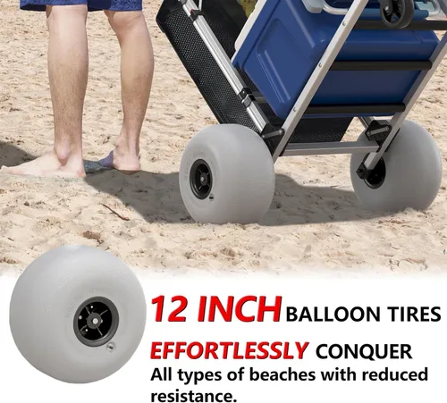 Vista 4 de GDLF Carrito de playa para todo tipo de arena, carrito de playa plegable con mango ajustable y ruedas de globo de 12 pulgadas, carro de arena