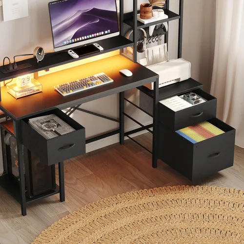 Vista 5 de RALGEND Escritorio para juegos de 55 pulgadas con toma de corriente y luz LED, escritorio para computadora con cajones de tela, estantes