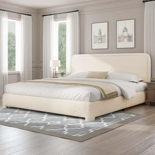 Vista 36 de BarnFurin Base de cama individual con cabecero, cama de plataforma tapizada Cloud Boucle, esquinas redondeadas suaves, no necesita somier, Beige
