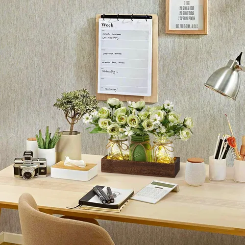 Vista 3 de 3 Piezas Centro de Mesa con Tarro de Conservas Decoraciones para Comedor, Mesa de Café de Granja con Bandeja de Madera y Luz LED, Centros de Mesa