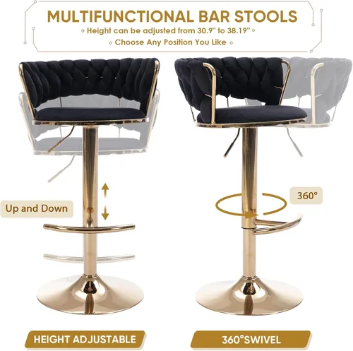 Vista 43 de Juego de 2 taburetes de bar giratorios de terciopelo, taburete de bar ajustable con respaldo tejido, sillas de comedor tapizadas, taburetes de bar