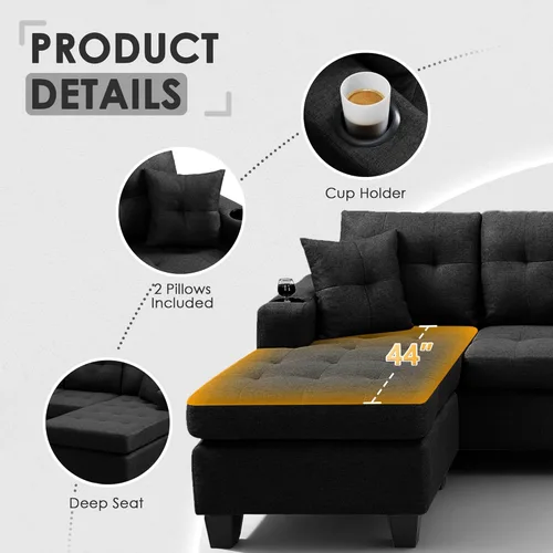 Vista 4 de Wakefit Sofá seccional, moderno juego de muebles de sala de estar de 4 plazas con diván reversible y 2 almohadas, sofá en forma de L, portavasos