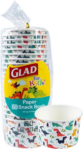 Glad para Niños Mini Cuencos de Papel de Dinosaurio para Snacks, Tapas No Incluidas - Vasos de Papel Desechables con Diseño de Dino para Niños,