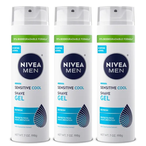 NIVEA MEN Gel de afeitado sensible y fresco para pieles sensibles, gel de afeitar sin alcohol con extracto de manzanilla, lata de 7 onzas, paquete
