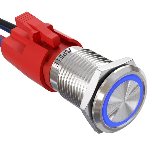 Vista 10 de APIELE - Interruptor de botón de cierre de 16mm, 12V, ojo de ángel LED, impermeable, redondo, autobloqueante, 1NO (aluminio negro, azul)