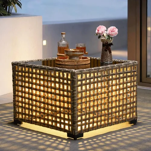 Vista 11 de ovios Mesa auxiliar para exteriores con parte superior de vidrio templado, mesa de centro de mimbre para patio, mesa auxiliar de ratán para porche