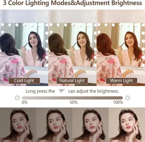 Vista 2 de Espejo de tocador estilo Hollywood con luces, 17 bombillas LED regulables, espejo de maquillaje iluminado de 3 colores con espejo de aumento 10X