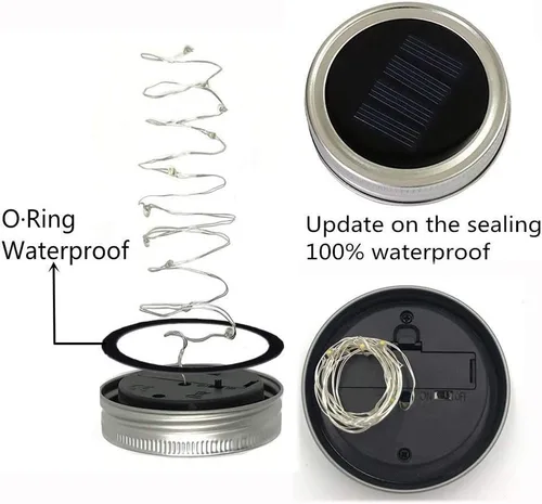 Vista 2 de Luces solares para tarro de masón, paquete de 6 tiras de 10 luces LED con tapa de tarro con 6 ganchos (sin tarros), luz de luciérnaga impermeable