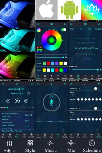 Vista 6 de Luces interiores de automóvil RGB Muto-Beam 4 tiras de luz LED multicolor para automóvil con control de aplicación, luces RGB con modo de bricolaje