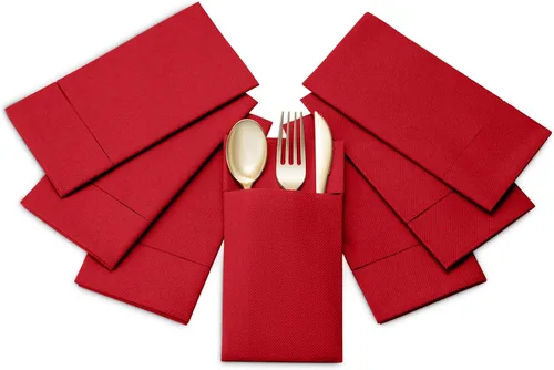 Vista 7 de Paquete de 50 servilletas desechables de lino con bolsillo integrado para cubiertos, color rojo brillante, como servilletas de papel para Navidad