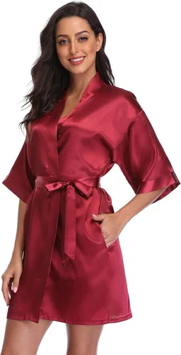 Vestido de temporada, para mujeres, de satén liso, corto estilo quimono, para dama de honor, como bata o túnica