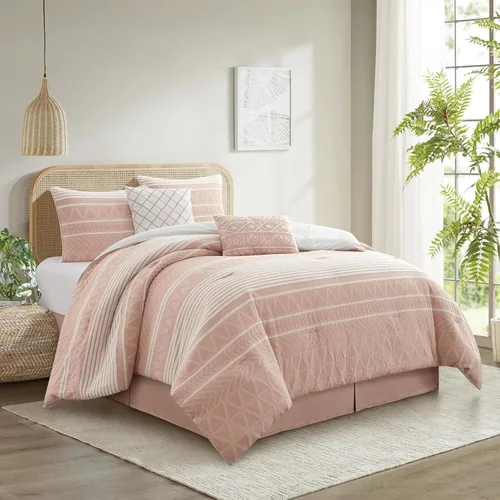 Vista 10 de Conjunto de edredón de algodón Grand Avenue tamaño Queen, 6 piezas, juego de ropa de cama geométrica jaspeada beige, faldón para cama, almohadas