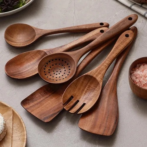 Vista 4 de Cucharas de madera para cocinar, juego de utensilios de cocina de madera de 6 piezas para sartenes antiadherentes y utensilios de cocina, 100%
