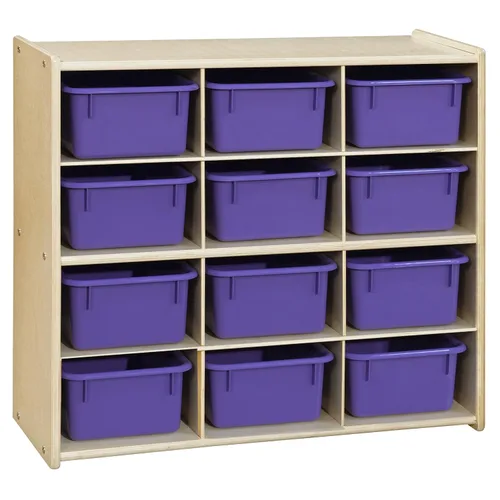 Contender Armario de almacenamiento de 12 cubos de abedul 100% con tinas de plástico morado, organizadores Montessori para niños para escuela en