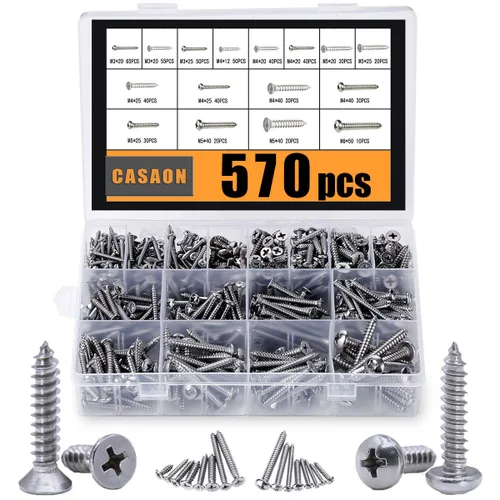 CASAON Juego surtido de 570 tornillos autorroscantes, M3/M4/M5/M6 304, tornillos de chapa de acero inoxidable 304, surtido de tornillos de madera