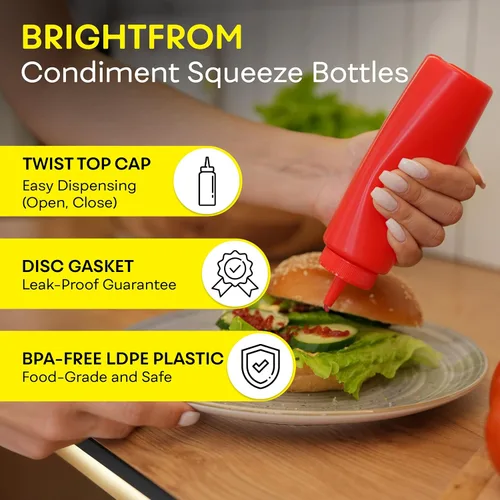 Vista 2 de BRIGHTFROM Botellas exprimibles para condimentos, botella vacía roja de 8 onzas con cuello ancho, ideal para salsa de tomate, mostaza, jarabe