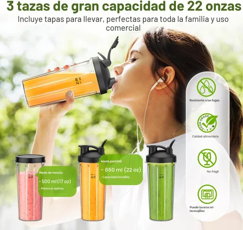 Vista 2 de KOIOS Licuadora para Batidos, Licuadora Personal para Batidos y Smoothies con 3 * 22oz Vasos Para Llevar, Batidora de Smoothies de 22000 RPM