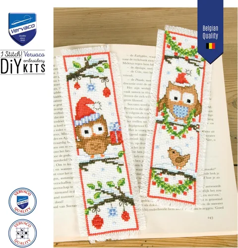 Vista 6 de Vervaco Kit de marcapáginas de punto de cruz (juego de 2) búhos en sombreros de Santa 2.4 x 8 pulgadas