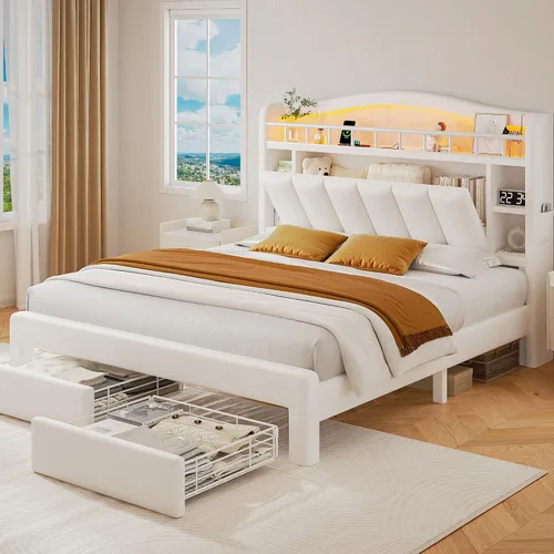 Base de cama de tamaño completo con cabecera de almacenamiento LED y 2 cajones de almacenamiento, cama tapizada en terciopelo con diseño de cabecera