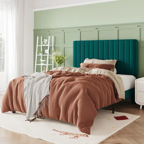 Vista 13 de Allewie Base de cama individual, plataforma tapizada de terciopelo con cabecera capitoné de canal vertical ajustable, base de colchón con listones