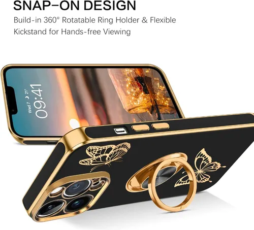 Vista 5 de BENTOBEN Funda para iPhone 13 Pro Max, funda para iPhone 13 Pro Max, bonita mariposa chapada en 360, soporte magnético para automóvil, soporte