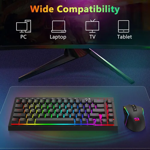 Vista 9 de Redragon Combo de teclado y mouse inalámbricos para juegos, Bluetooth/2.4G/USB-C con cable, retroiluminación RGB, teclado de membrana macro