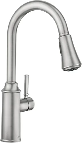 Vista 8 de Moen Conneaut Spot Resist llave de fregadero de cocina de acero inoxidable de un mango de arco alto con rociador desplegable con Power Boost