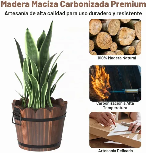 Vista 3 de HakkaGirl Macetas de madera con forma de barril, macetas rústicas para patio y decoración de interiores, juego de 3 Marrón - Juego de 3