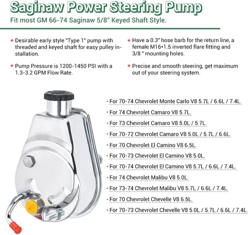 Vista 2 de PTNHZ Bomba de dirección asistida Saginaw serie P con polea de 5/8" de llave, eje cromado, reservorio para calle/rally, caja de engranajes