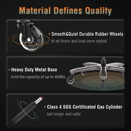 Vista 8 de Silla de oficina grande y alta de 400 libras, soporte lumbar ajustable, ruedas de goma silenciosas, base de metal resistente, escritorio ejecutivo