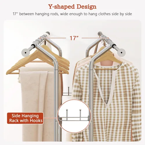 Vista 4 de Tajsoon Perchero resistente con estante y ganchos, doble barra de ropa con ruedas con cerradura, percheros plegables para colgar ropa, perchero