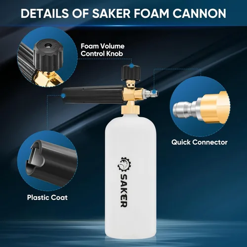 Vista 3 de Saker Cañón de espuma, conexión rápida de 1/4 pulgada, cañón de espuma para lavadora a presión con 5 boquillas para lavado a presión