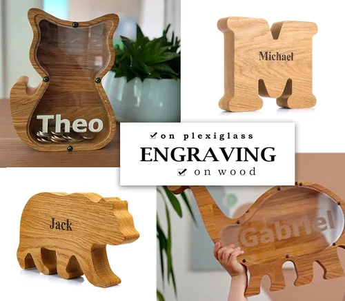 Vista 7 de Banco de monedas personalizado Regalo de la nueva casa Marco de caja de dinero de madera Hucha para niños y niñas Tarro de punta de madera Hucha