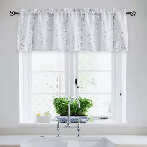 Vista 11 de FMFUNCTEX Cortina de cenefa 100% opaca en blanco y negro para cocina, baño, 18 pulgadas de largo, estampado de ramas de árbol, sala de estar
