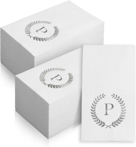 Vista 17 de Paquete de 200 servilletas desechables con monograma de papel de aluminio plateado con letra C para invitados, toallas de papel desechables