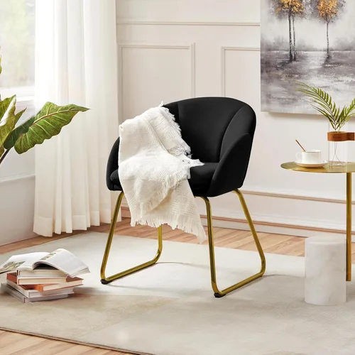 Vista 49 de Yaheetech Sillón moderno de piel sintética, silla de maquillaje en forma de flor con patas de metal dorado para sala de estar, sala de maquillaje