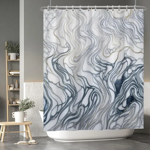 Vista 140 de Baocicco Cortina de ducha de mármol azul abstracto a rayas, decorativa, textura de lujo, línea moderna, decoración de acuarela, juego de cortinas