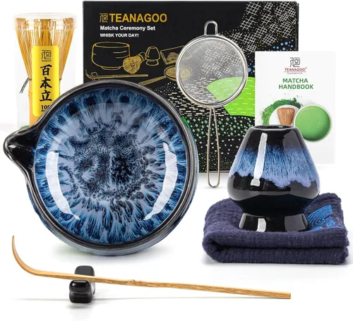 Vista 9 de TEANAGOO Juego de 7 piezas de batidor de matcha, juego de matcha para ceremonia, kit de matcha Junware-Azul, juego de té matcha para hacer