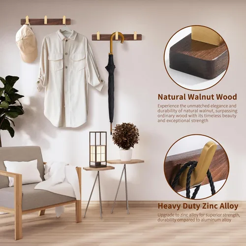 Vista 4 de Perchero montado en la pared, perchero colgante de entrada, riel para abrigos de metal y madera con 3 ganchos rústicos para abrigo, bufanda, bolsa